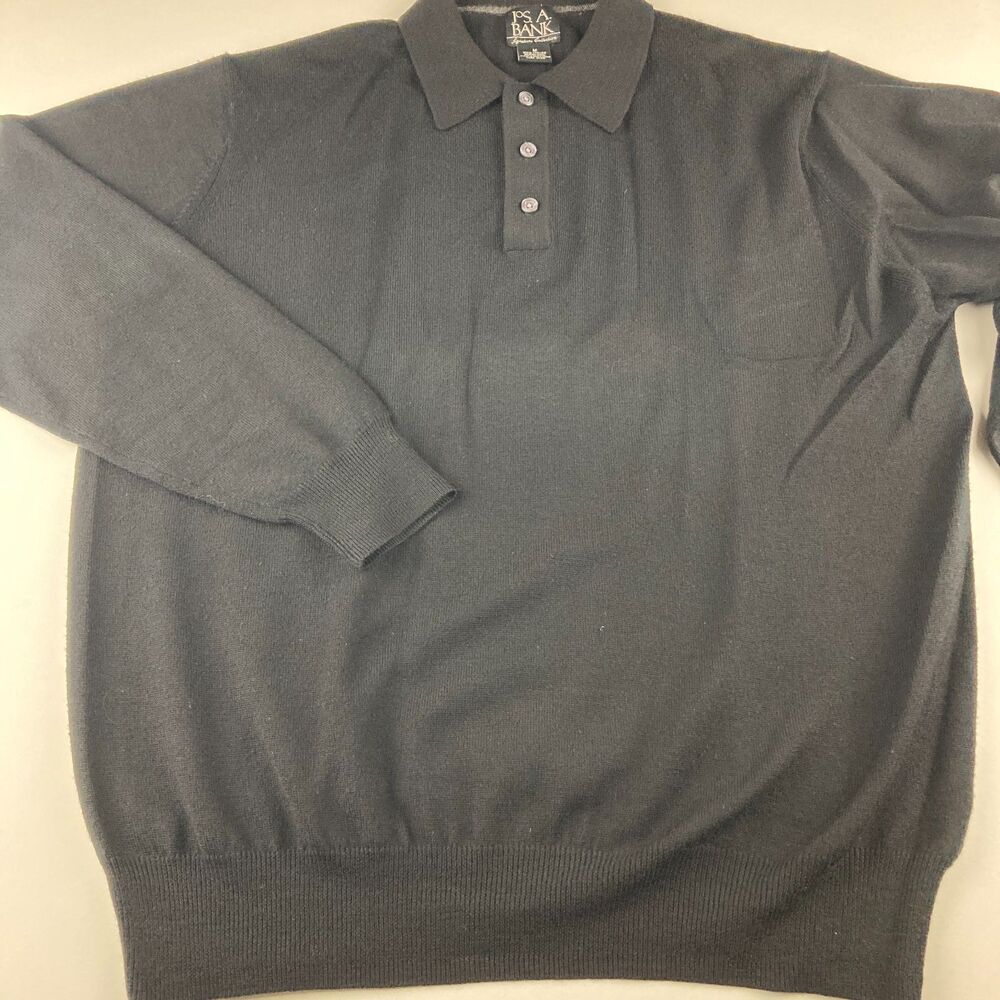 Jos A Bank Mens M Black Merino Wool Polo Sweater Long Sleeve Italian Yarn